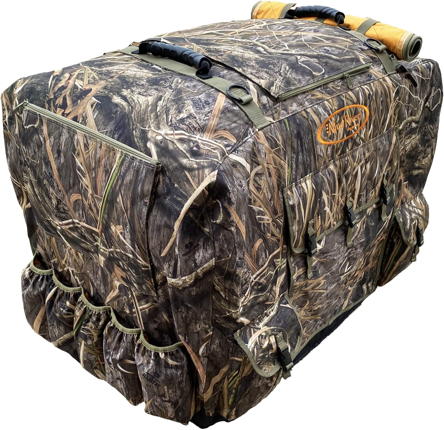 Mud River Insulated Kennel Cover installed on a dog crate in an outdoor setting