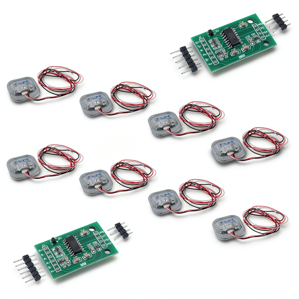DIYmalls HX711 module and load cell kit components displayed on a workbench